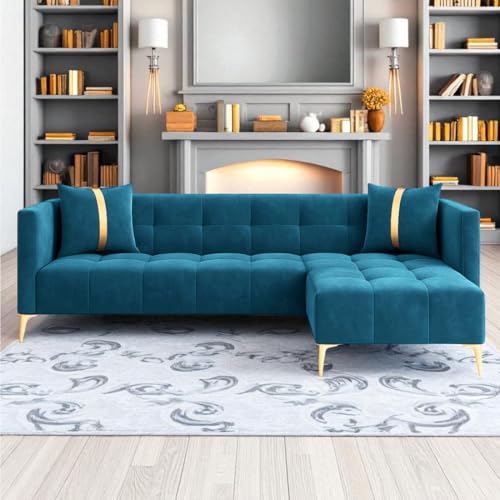 Image of Furny Styling 4 Seater Fabric RHS L Shape Sofa Set (Aqua Blue) | Soft Velvet Fabric | Modern Design | Comfortable Seating | Living Room Furniture