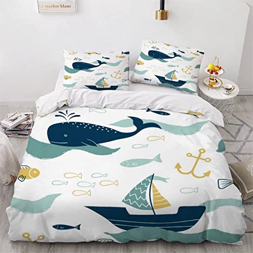 VASENA Housse de Couette 140x200 Enfant Poisson Baleine Parure de Lit 1 Personne Microfibre Housse de Couette Thème De L'océan De Dessin Animé 3D Imprimé...