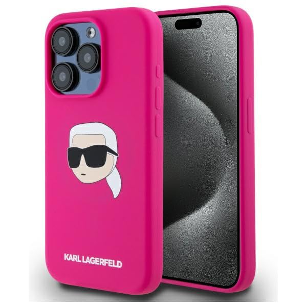 CG Mobile Karl Lagerfeld KLHMP15LSKHPPLF Coque pour iPhone 15 Pro 6,1 Pouces, Fuchsia, imprimé tête de Karl en Silicone sous Licence, Compatible avec MagSafe
