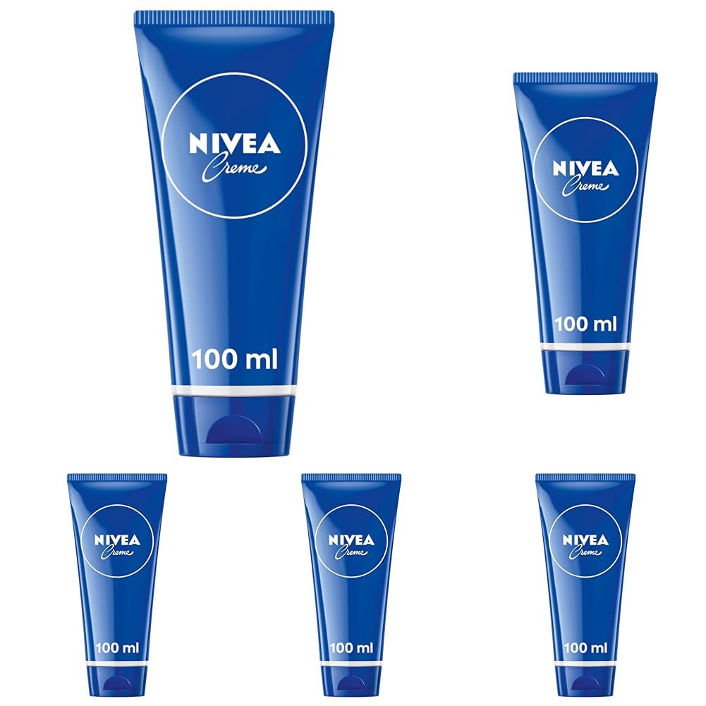 NIVEA Creme Tube Universalpflege, klassische Feuchtigkeitscreme für alle Hauttypen, reichhaltige Hautpflege mit hautverwandtem Eucerit (100 ml) (Packung mit 5)