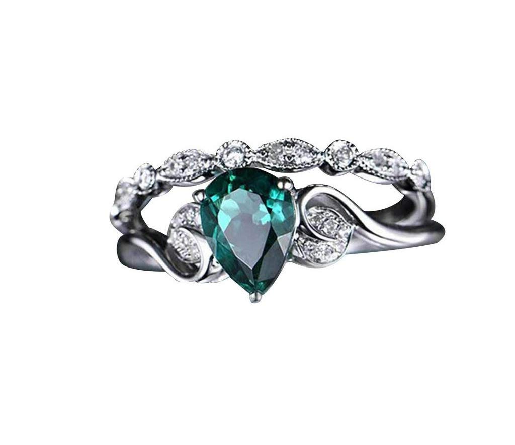 YUANYI Drop Shape Engagement Ring Wedding Bridal Sets with Green Simulated Emerald Cubic Zirconia Women's Ring Size 6-10 (9)