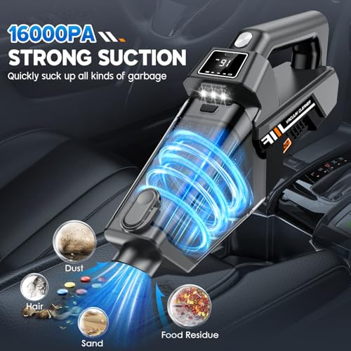 Image of EYYA Handheld Vacuum Cordless, 16KPA Powerful Suction Hand Held Vacuum Cleaner Dust Busters Cordless Rechargeable, HD Display & 3 LED Lights, Portable Vacuum for Car, Home, Pet Hair