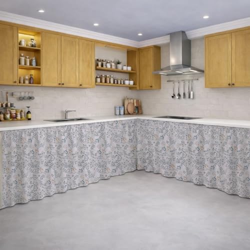 Image of LINENWALAS Under Sink Curtain for Kitchen - Pack of 2 | 106x91 cm Cotton Under-Sink Cover | Washable Storage-Hiding Curtain with Rod Pocket | Kitchen & Bathroom Cabinet Cover (Skylet Breeze)