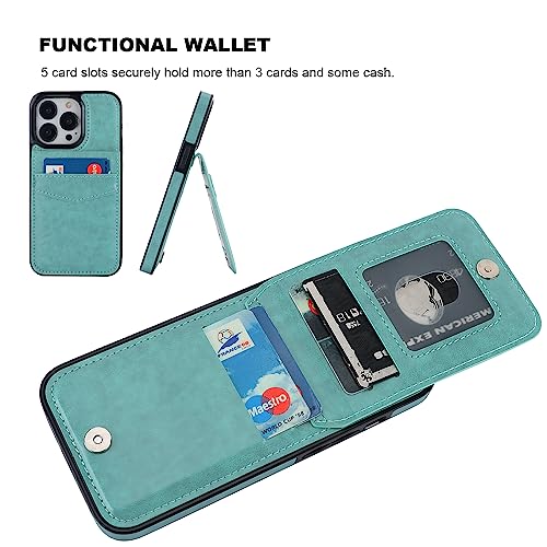 Image of KIHUWEY Compatible with iPhone 13 Pro Case Wallet with Credit Card Holder, Premium Leather Magnetic Clasp Kickstand Heavy Duty Protective Cover for iPhone 13 Pro 6.1 inch(Mint Green)