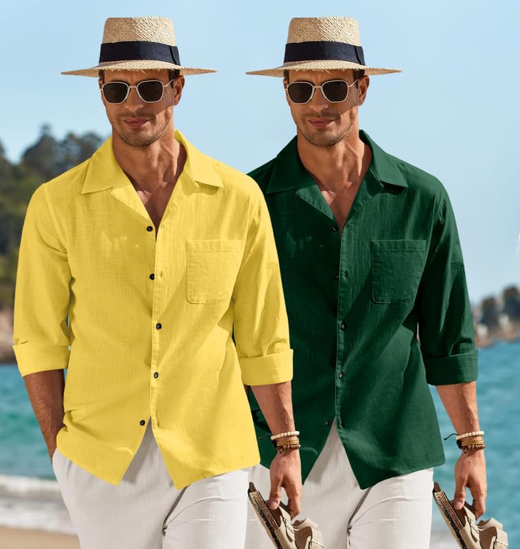 Image of Combo of Men's Casual Cotton Blend Shirt || Long Sleeve Button Down with Spread Collar | Lightweight Breathable Fabric | Stylish Solid Shirt for Beach, Office & Everyday Wear Pack of 2