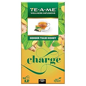 TE-A-ME Charge Ginger Tulsi Honey Herbal Infusion Tea, 25 Infusion Tea Bags | 100% Caffeine Free