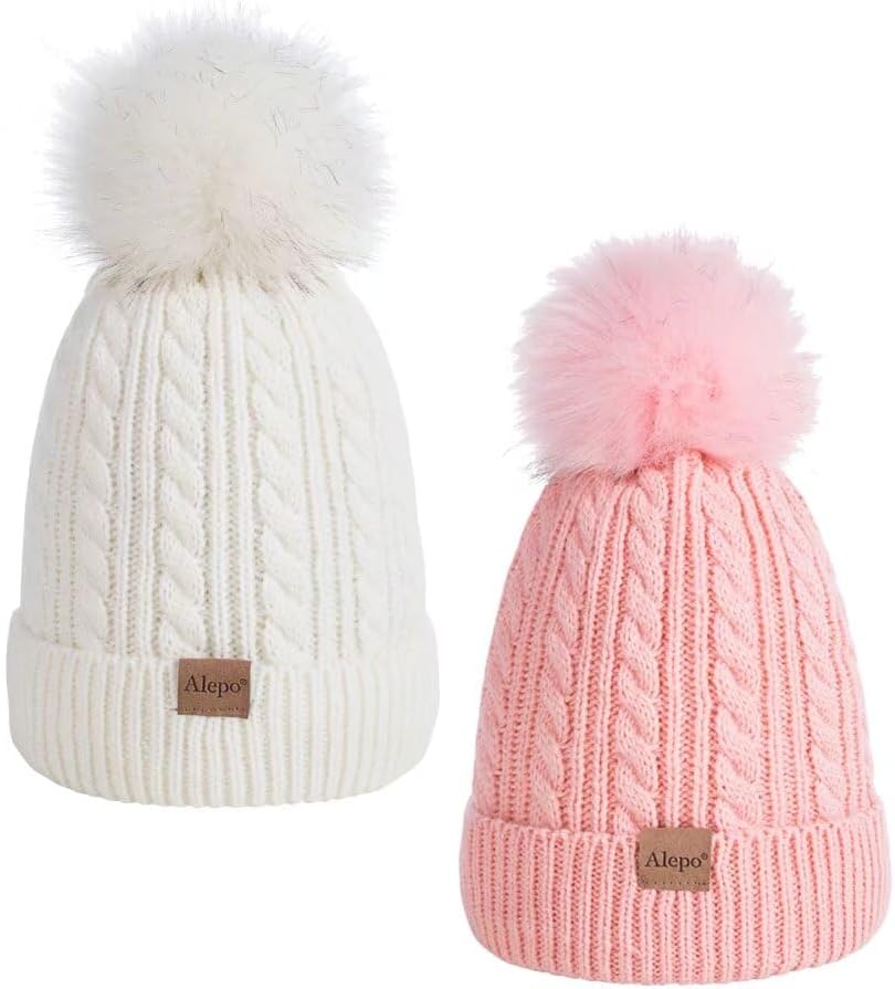 Kids Winter Beanie Hat, Children's Warm Fleece Lined Knit Thick Ski Cap with Pom Pom for Boys Girls - Pink&White
