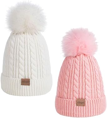 Alepo Kids Winter Beanie Hat, Childrens Warm Fleece Lined Knit Thick Ski Cap with Pom Pom for Boys Girls - Pink&White