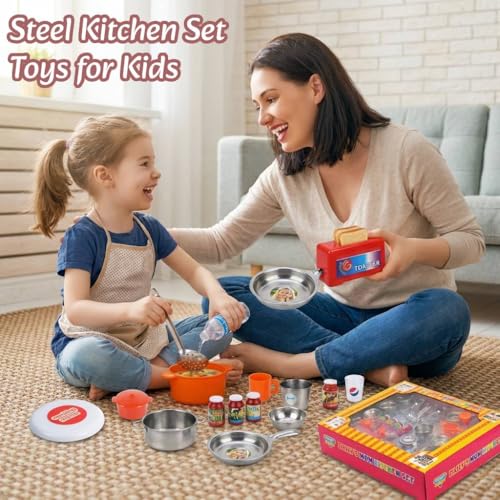 Image of DZLING Kids Steel Kitchen Set Toys, Traditional Indian Cooking Playset with Utensils, Gas Stove, Blender, Chakla Belan Accessories, Role Play Pretend Cooking Toy for Boys & Girls (Mom Kitchen)