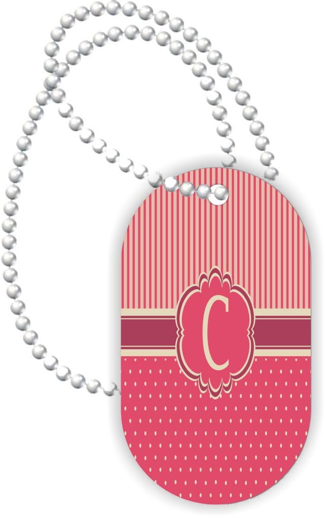 Island Gifting - Letter C Monogram - Damask Dots Rose Pink Design - Aluminum Dog Tag Necklace Pendant with Ball Chain