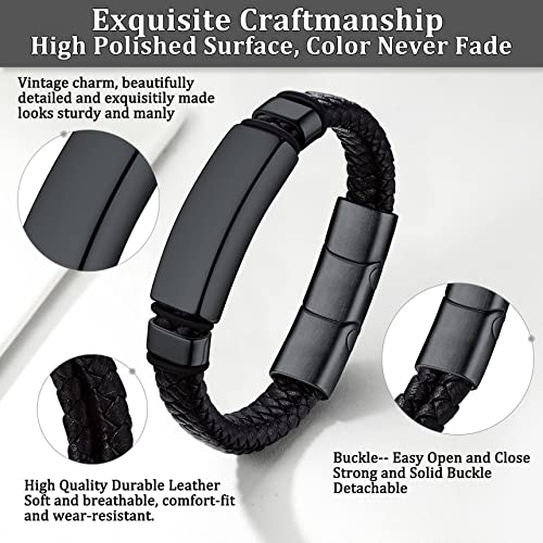 Thick Men Leather Cord Bracelets With Solid Black Id Tag Words Engravable Fashion Men Wrap Wrist Leather Band, Everyday Wear Hand Jewelry #TOP4