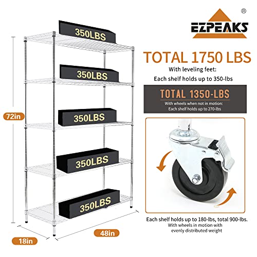Ezpeaks 5-Tier Chrome Nsf Certified Storage Shelves, Heavy Duty Steel Wire Shelving Unit With Wheels And Adjustable Feet, Used As Pantry Shelf, Garage Or Bakers Rack Kitchen Shelving (18"Dx48"Wx72"H) #TOP1