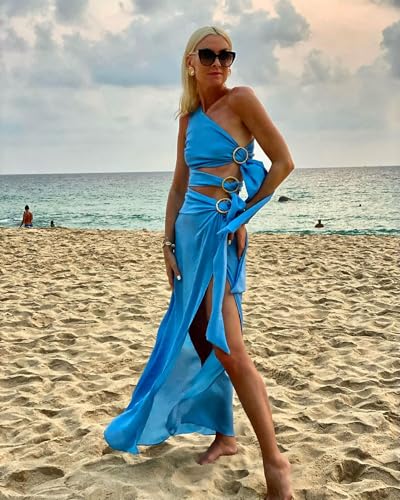 LEZOOEY Vestido longo feminino de um ombro só com alças irregulares irregulares com fenda 2024, Azul