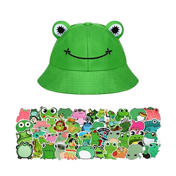 Frosch Eimer Hut oder Kuh Flamingo Hut mit 50 Aufkleber Fischerhut (Frosch Stil)