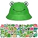 Chapeau de Grenouille avec 50 Autocollants de Grenouille pour Enfant Adulte, Casquette de Grenouille Mignon Coton d'Été Bonnet de Soleil de Plage Chapeau de Pêcheur à Large Bord Pliable
