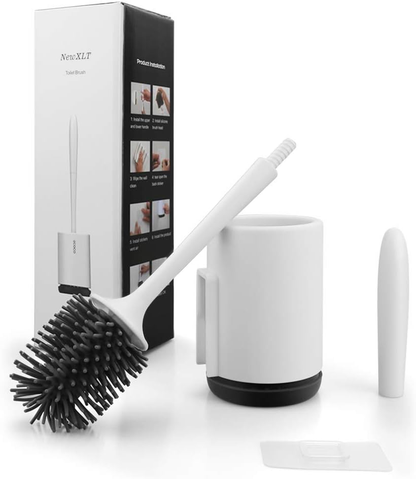 NEWXLT Toilet Brush with Holder Upgraded Modern Design,Bathroom Silicone Toilet Bowl Brushes with Quick Drying Holder Set (Flooring/Mounted Wall) ………