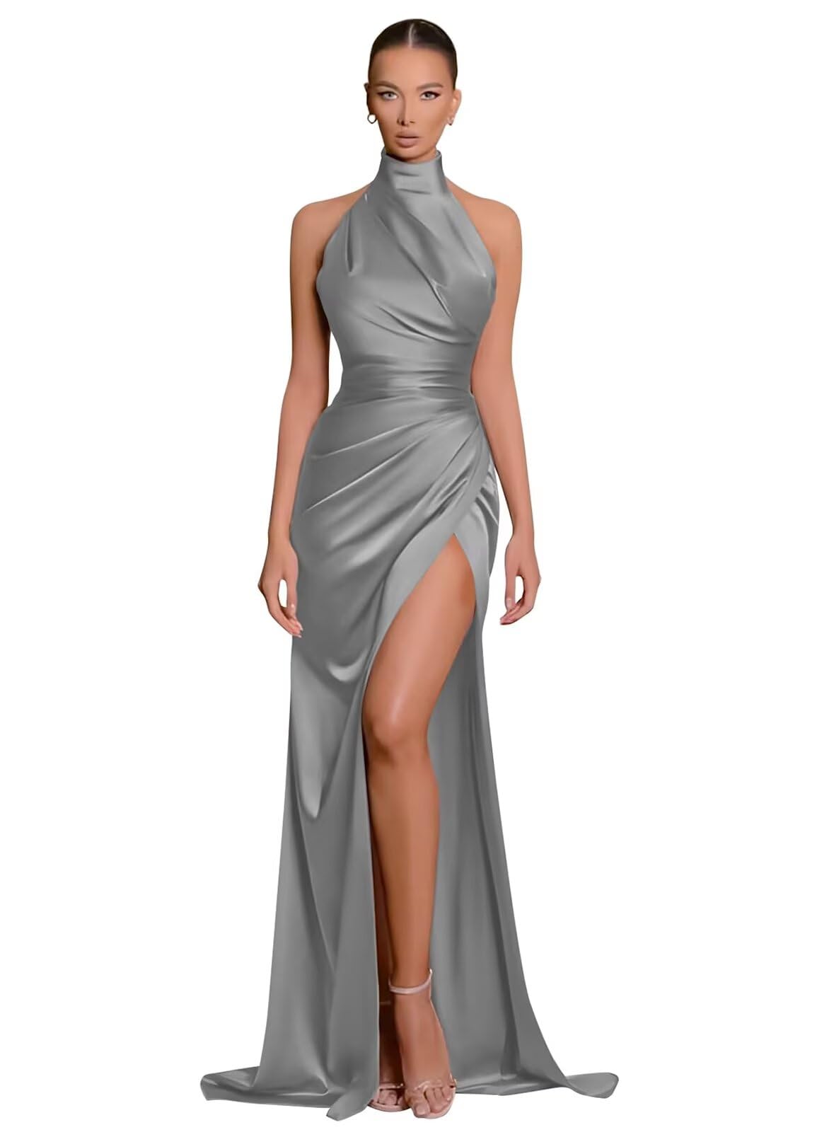 Clothfun Women's Halter Satin Bridesmaid Dresses Long Mermaid Prom Dress for Women Formal Gown with Slit