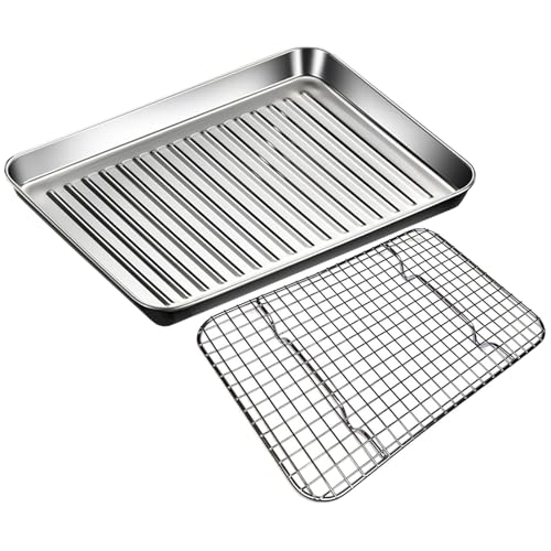 LIGUOYI Teglia da Forno Rettangolare Vassoio Antiaderente Teglie da Forno in Acciaio Inox, Teglia da Forno per Arrostire con Griglia 24 27 32 41 44cm Teglia per Grasso Facile da Pulire(410x310mm)