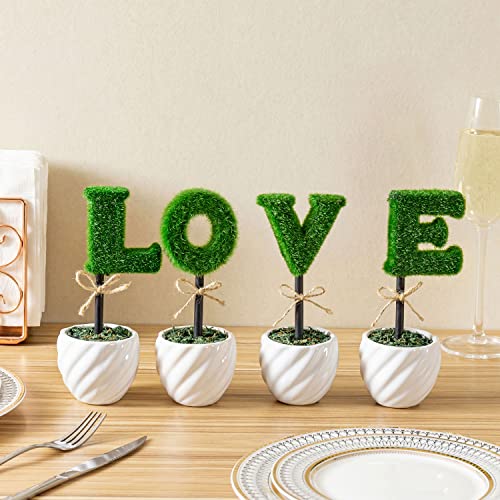 Mygift TB-DECO0311GRN Decorative L-O-V-E Letter Shaped Small Faux Topiary Trees In White Ceramic Pots, Indoor Artificial Plants Sculpted Love Hedge Gift thumb #1