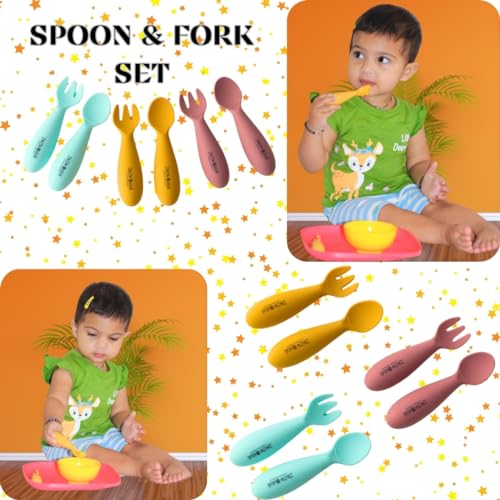 Image of Silicone Baby Bib with Spoon and Fork Set | Waterproof Adjustable Bib & First Stage Feeding Utensils for Infants & Toddlers | Soft Silicone Spoon for Baby 6 Months+1 Set, Mint Green