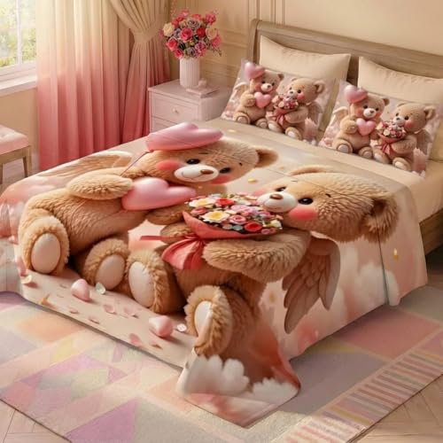Image of 7D Fairy Tale Blush Bear Collection King Bedsheet 108x108 inch with 2 Pillow Covers | Good Stitching, Soft Fabric & Vibrant 7D Digital Print for Kids & Couples (Coffee)