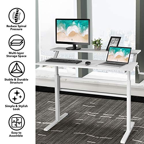 Tangkula Standing Desk, 2-Tier Height Adjustable Sit To Standing Desk, Computer Desk Workstation With Monitor Stand & Foldable Crank Handle, Ergonomic Home Office Desk (White) #TOP6