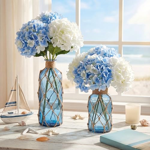 Image of Chuangdi Set of 2 Coastal Glass Flower Vase with Boho Rope, Navy Blue | Coastal Vase, Small Sea Glass Jar, Nautical Beach Bottle for Wedding Table Centerpieces Floral Arrangement Decor