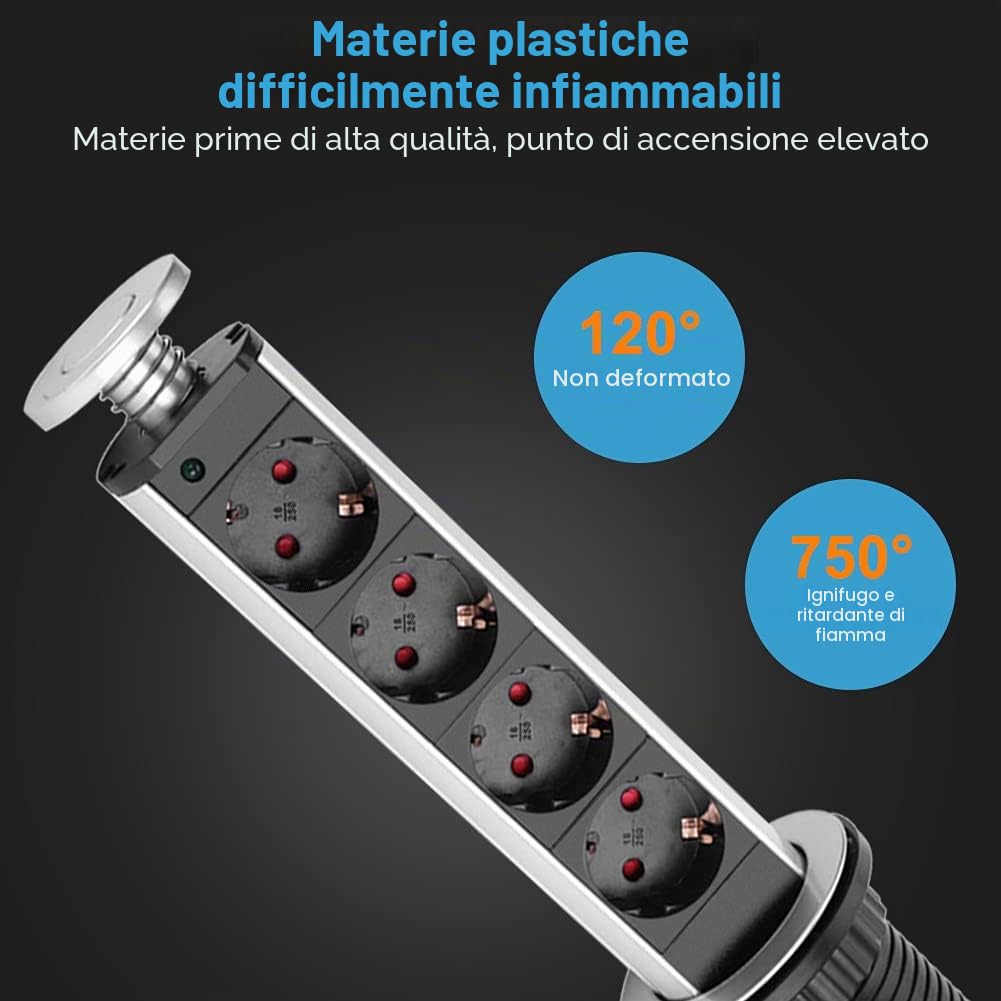 Presa a Scomparsa da Tavolo con USB, 4 Prese in Alluminio con Interruttore per Ufficio e Superfici di Lavoro