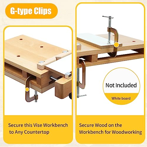 Fetcoi Woodworking Vise For Workbench, Hard Wood Portable Wood Vices For Workbenches, Wood Bench Vise Woodworking Bench Vices With 4 Bench Dogs, 2 G-Type Fixing Clips And Quick-Release Handle #TOP6