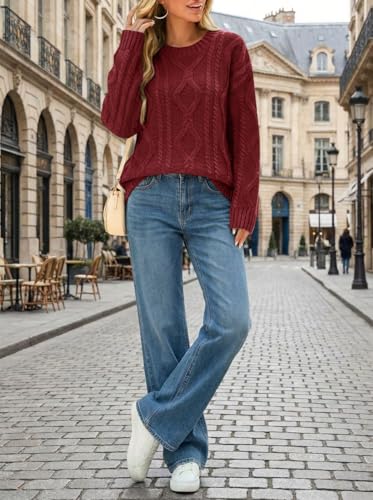 LaGracia Women’s Oversized Cable Knit Sweaters Long Sleeve Pullover Crew Neck Fall Winter Sweater Tops Red S — view 6