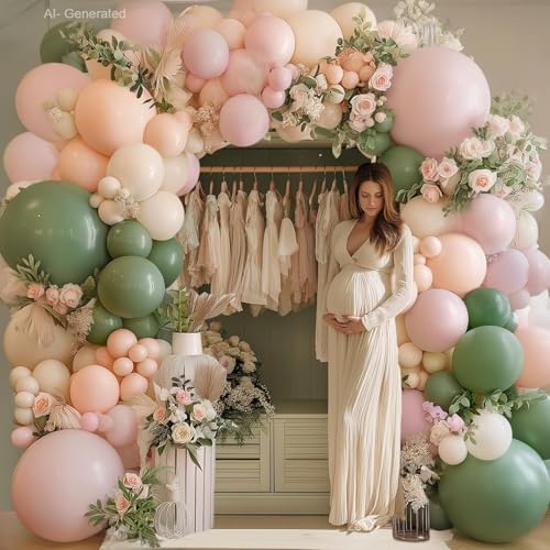 Image of Blocesa Pink Green White Sand Balloons Arch Kit, Latex, Party Decor | Sage Green, Pastel Pink, Sand White, Light Orange Balloons In Mixed Sizes. for Neutral Wedding, Birthday, Bridal Shower.