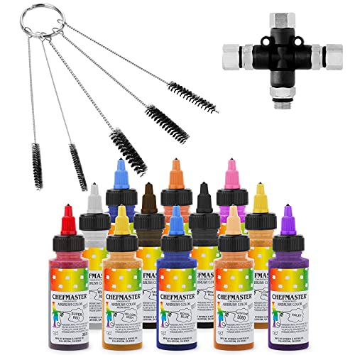 PointZero Airbrush Cake Decorating Kit - 3 Airbrushes, Stand, Compressor Bundle with 12 Chefmaster Colors
