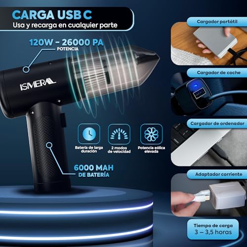 Miniatura 4 de Super Aspirador De Mano, 26000pa , 2 En 1 Soplador- Aspirador Coche 7 Boquillas Aspiradora De Mano Sin Cable , Para Coche Oficina Hogar Cocina Pelo De Mascota, Aspirador Coche Potente Recargable
