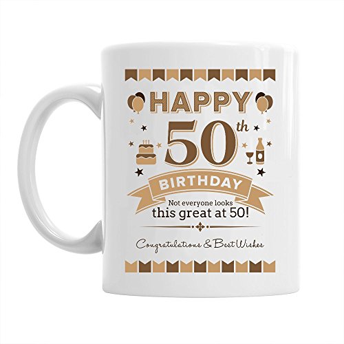 Taza de 50 cumpleaños - Para hombre y mujer - Como regalo divertido o recuerdo - Blanco - 295 ml (10 fl oz)