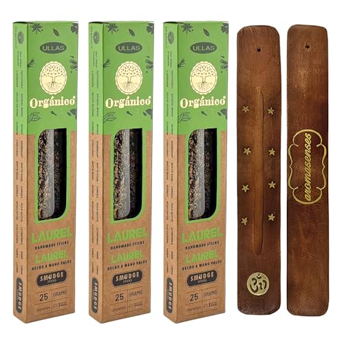 Aromasenses | Pack 3 Cajetillas de Incienso Orgánico Ullas Laurel + 1 Tablilla Aromasenses | Incineso 100% Natural y Ecológico | Aromaterapia con Hierbas Naturales | 25 gr. x 3 = 45 gr. |