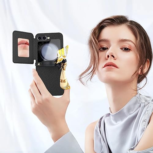 SHIEID Capa de couro para Galaxy Z Flip 5 com anel, capa fina flip 5 com espelho, proteção de tela,