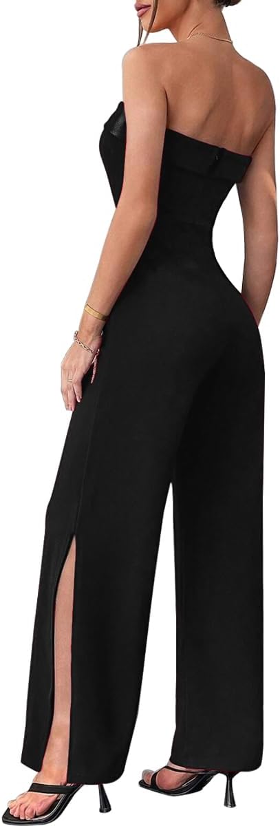 LuFeng Women's 2024 Summer Sleeveless Off Shoulder One Piece Jumpsuit Backless Wide Leg Slit Long Rompers with Pockets - Image 5