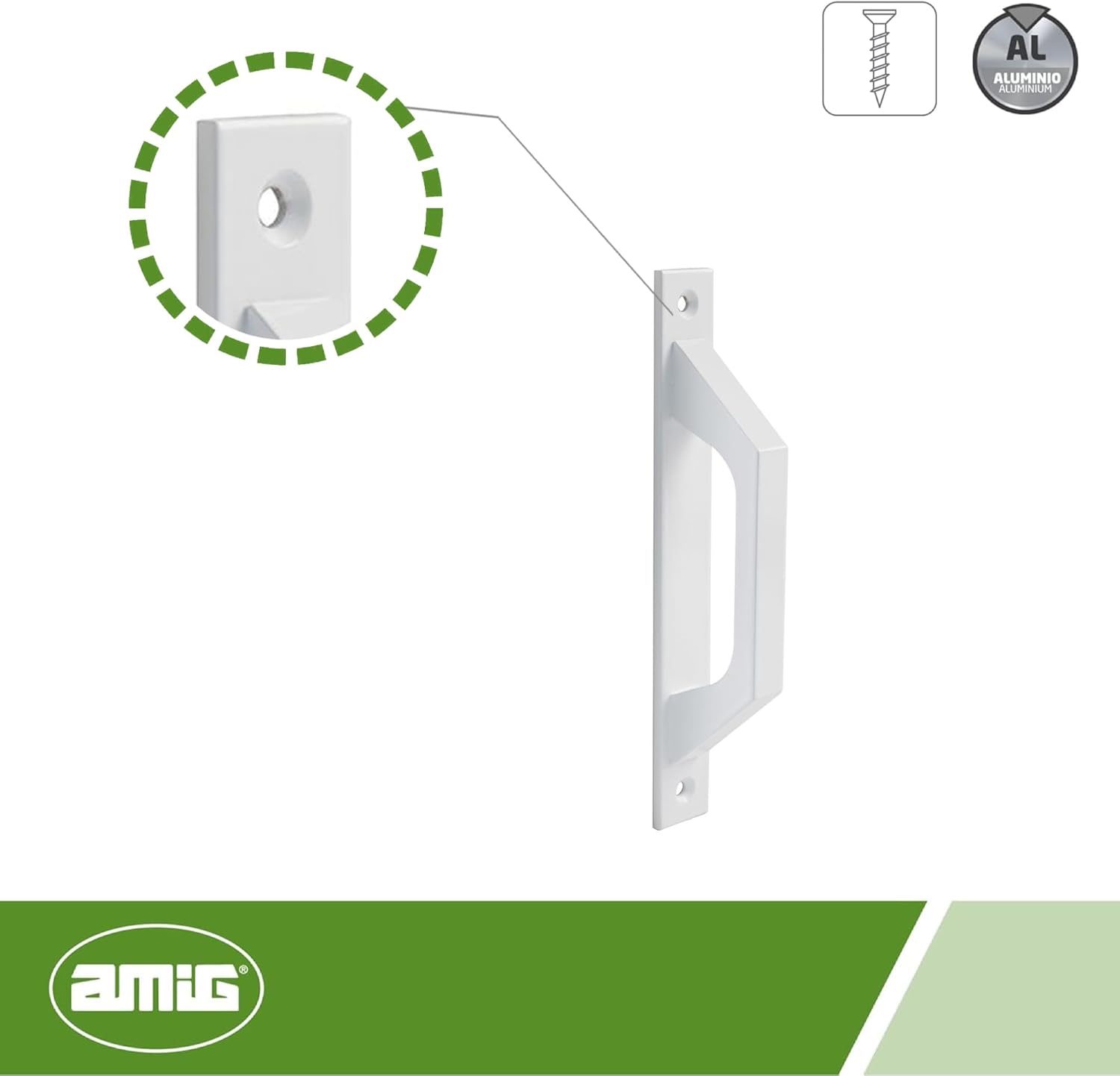 Technical diagram illustrating the dimensions and mounting points of the Amig Sliding Door Handle.