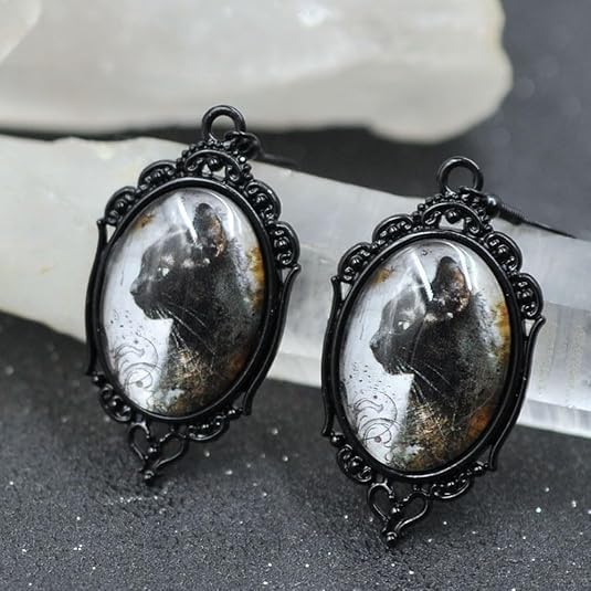 Goth Black Cat Cameo Earrings - Vintage Gothic Black Cat Drop Dangle Earrings - Halloween Witch Costume Accessories Women Jewelry Gift for Women4