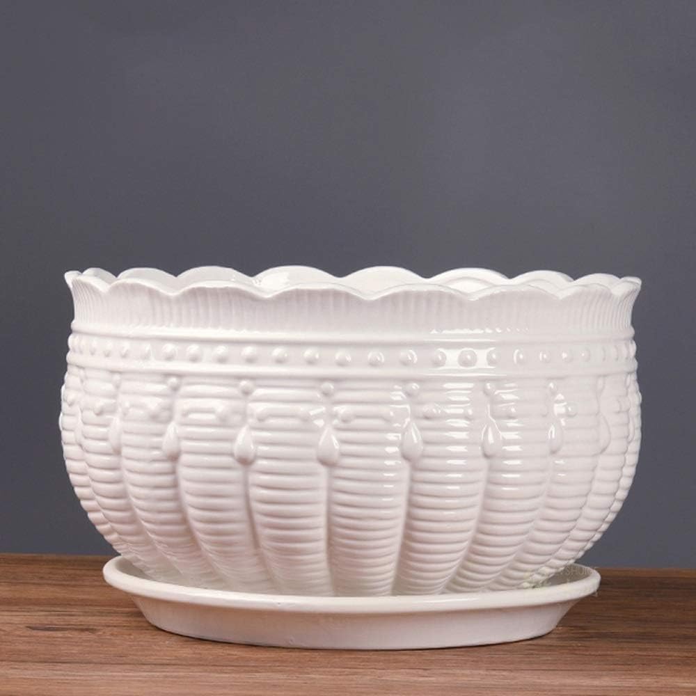 Biała ceramiczna doniczka z szerokimi ustami Bardzo duża nowoczesna okrągła balkonowa zielona doniczka Wewnętrzna ceramiczna biała doniczka ze spodkami Kreatywne różne wzory (kolor: styl 4) (styl 4)