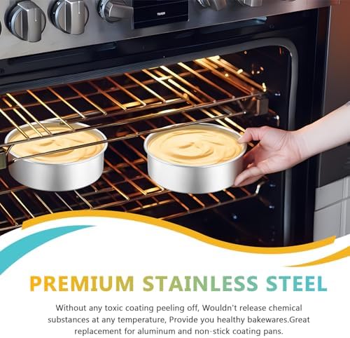 P&P CHEF 6 Inch Cake Pan Set of 2, Stainless Steel Round Baking Layer Cake Pans, Non Toxic & Healthy, Leak-proof & Easy Clean, Mirror Finish & Easy Releasing, Oven & Dishwasher Safe - Thumbnail 3