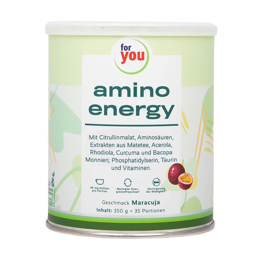 for you amino energy Maracuja - Pre-Workout-Booster - 350g Aminosäuren Pulver mit Citrullin Malat, Dextrin, L-Tyrosin, Taurin, Koffein aus Mate-Tee Extrakt - für mehr Energie Konzentration