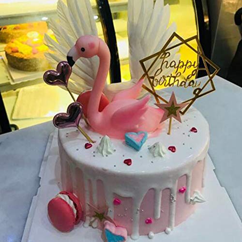 Auch Flamingo Cake Toppers Cute Pink Flamingo Figures & White Wing & Golden Happy Birthday Topper For Kids Birthday Wedding Cake Decoration Supplies #TOP2