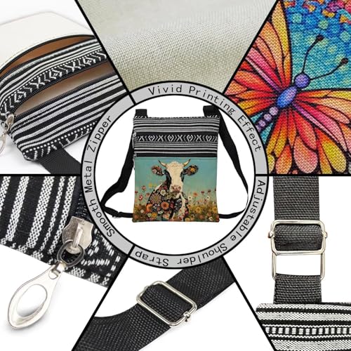 Floral Cow Messenger Bag Small Ethnic Pattern Printed Adjustable Strap Crossbody Zipper Bag Floral Cow Phone Bag Wallet Cute Shoulder Handbag for Women Friends -24