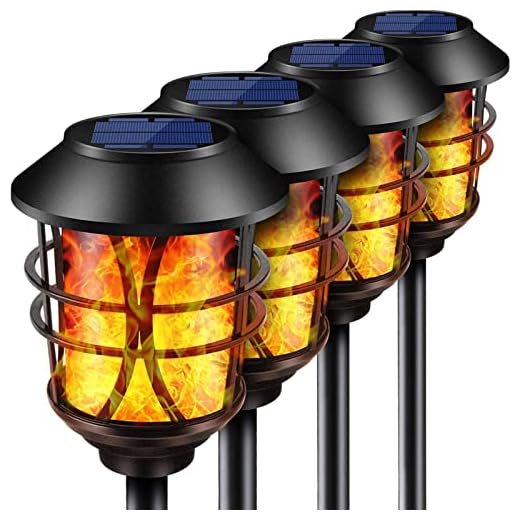 TomCare Solar Lights Metal Flickering Flame Solar Torches Lights Waterproof Outdoor Heavy Duty Lighting Solar Pathway Lights Landscape Lighting Dusk to Dawn Auto On/Off for Garden Patio Yard, 4 Pack