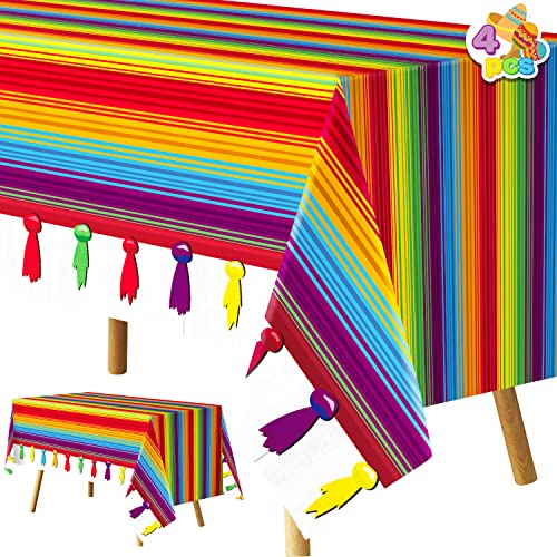JOYIN 4pcs Fiesta Theme Party Tablecloth, Mexican Serape Table Runner, Cinco De Mayo Print Plastic Tablecovers (54 x 108