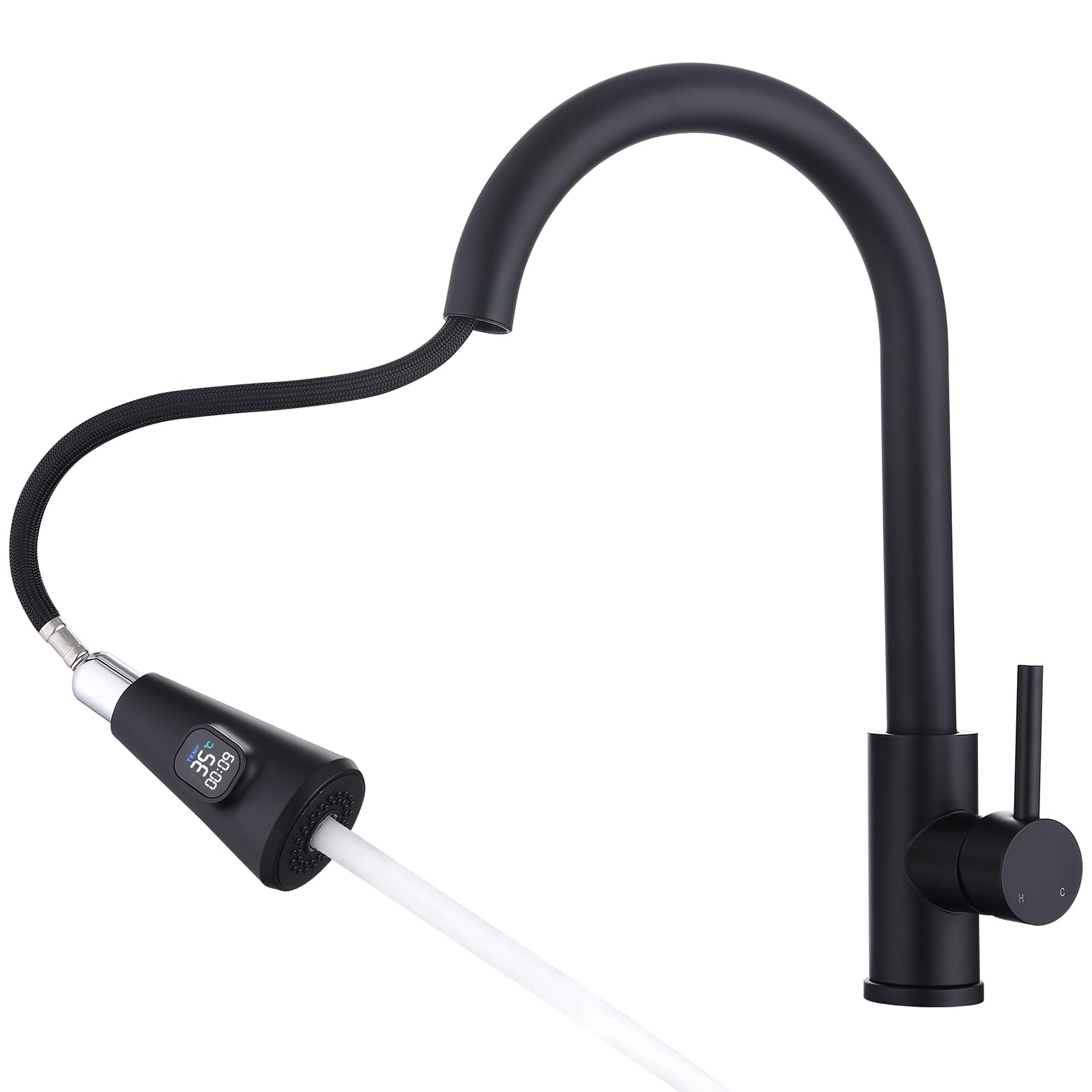 HOMELODY Wasserhahn Küche Schwarz mit LED Temperaturanzeige, Küchenarmatur Ausziehbar, Hochdruck Mischbatterie Spültischarmatur aus Edelstahl mit 2 Strahlarten, Einfache Installation