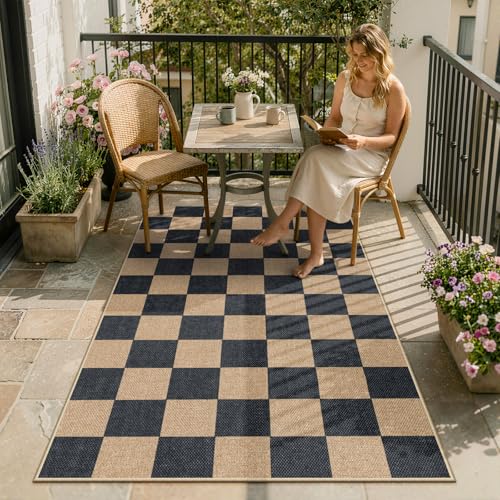 Lahome Colette Checkered Easy Jute Carpet, 3x5 Outdoor Patio Rug Washable Rugs for Entryway Checkerboard Indoor Outdoor Living Room Carpet, Farmhouse Neutral Non Slip Black Door Mat for Bedroom