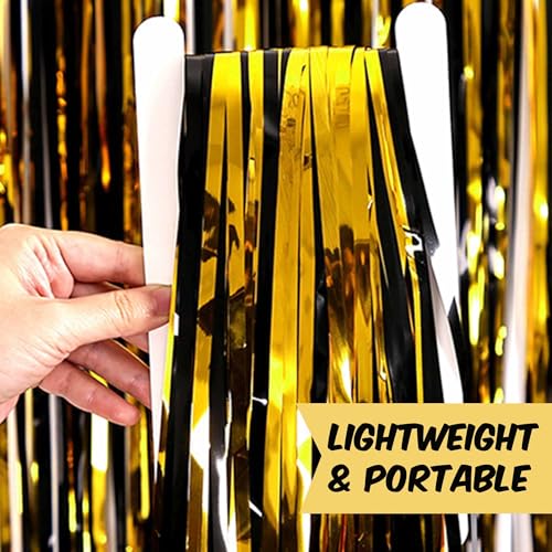 Image of 3 Pack Black and Gold Foil Fringe Curtains Backdrop, 3.28 x 9.8 Ft Metallic Streamers Tinsel Curtains Background for Photo Booth, Birthday, Halloween, Christmas, New Year Party Decorations