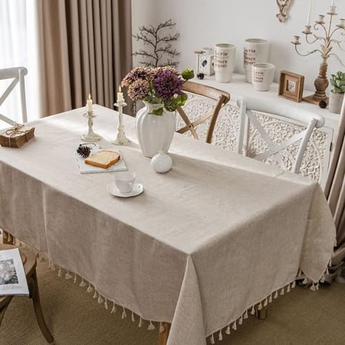 Nappe carrée 90x90cm beige en lin avec pompons Beydodo
